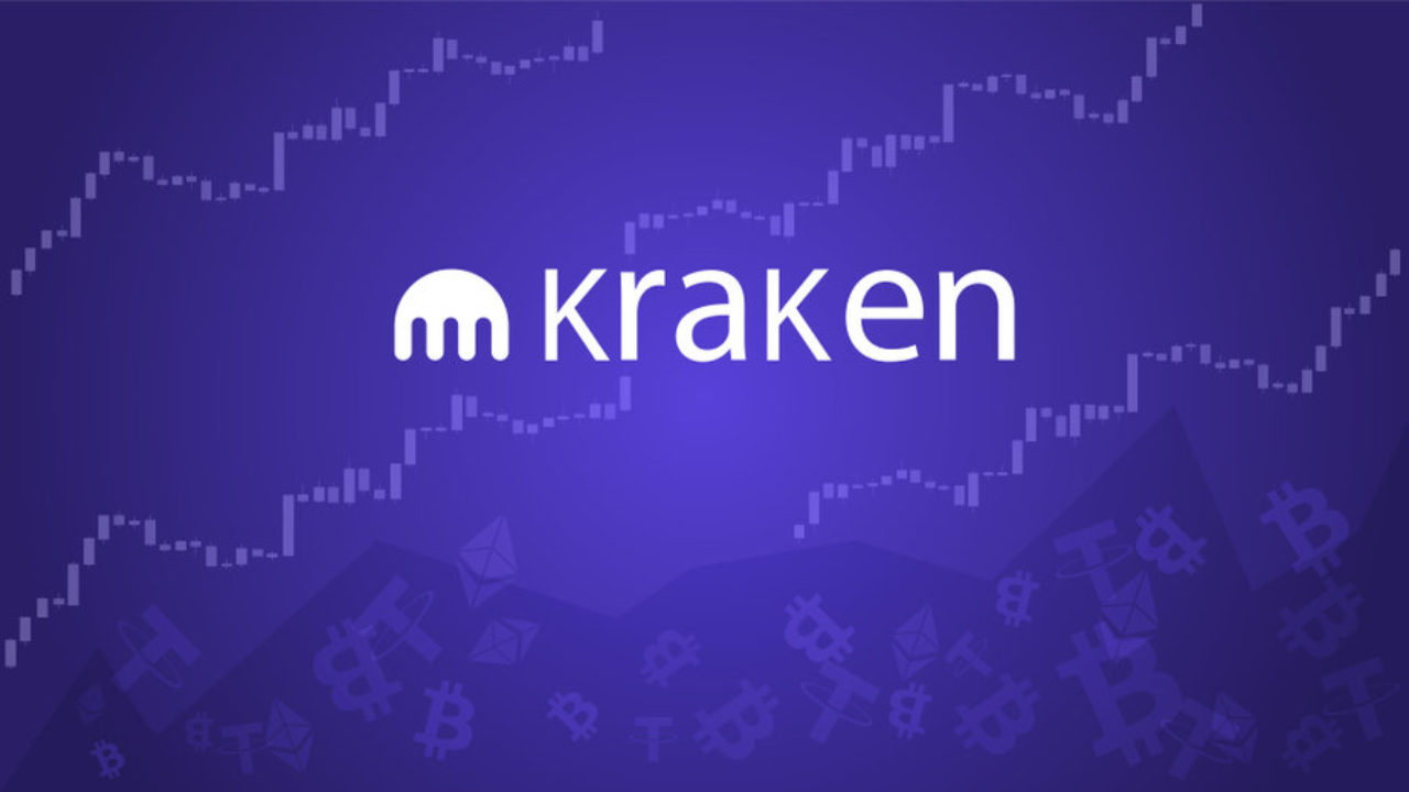 Kraken cryptocurrency stock market name with logo on abstract di Kraken