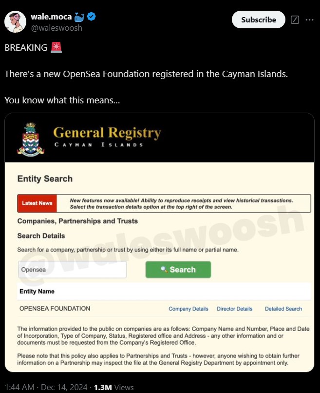 OpenSea Cayman Adaları kaydı token airdrop söylentilerini körüklüyor 0193c9ea d1fe 7864 8698 4311144395fe