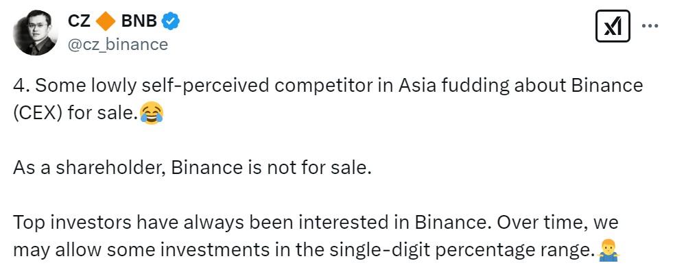 CZ, Binance Satış Söylentilerini Yalanladı