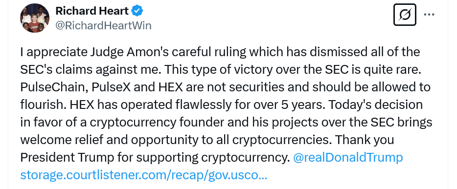ABD Yargıcı, SEC’in Richard Heart Davasını Düşürdü ABD Yargıcı, SEC’in Richard Heart Davasını Düşürdü