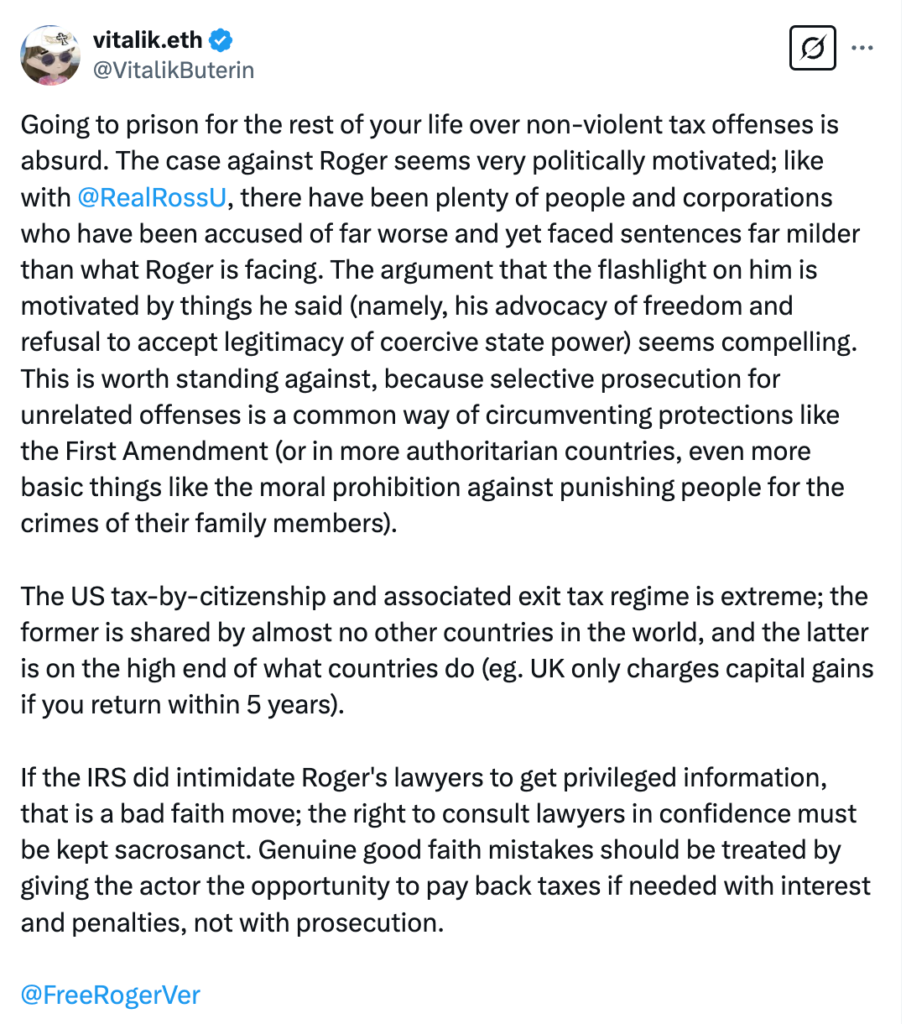Buterin, Roger Ver’in Serbest Bırakılmasını Savundu Buterin, Roger Ver’in Serbest Bırakılmasını Savundu